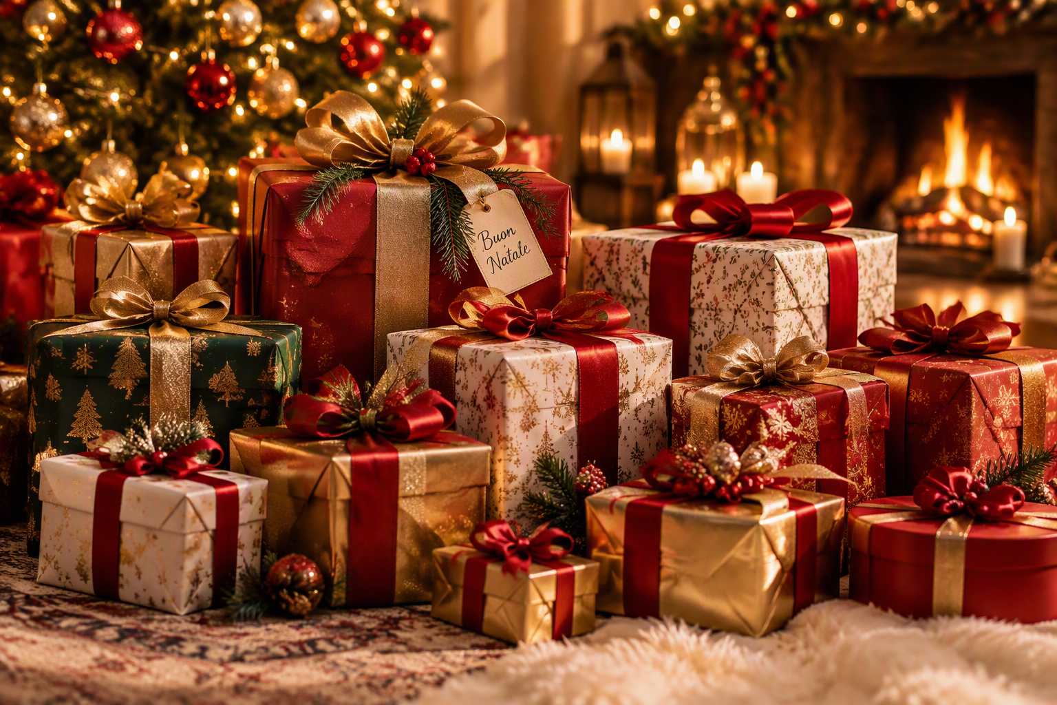 Pacchi regalo di Natale sotto l'albero, accanto al camino